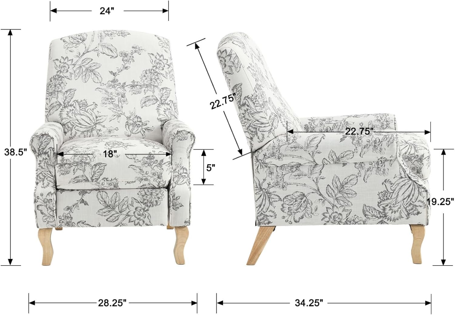 Silla reclinable con estampado floral para sala de estar, sofá individual tapizado con respaldo ajustable y reposapiés, moderna silla de descanso