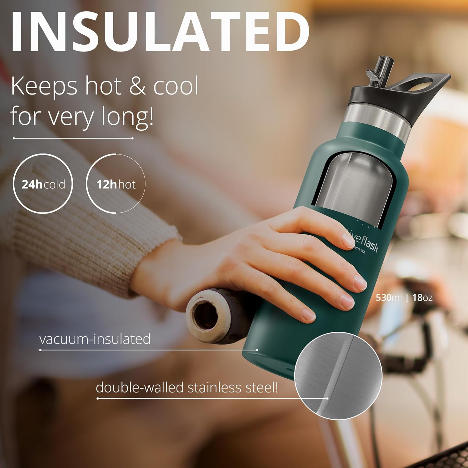 Botella de agua de acero inoxidable con pajita, infusor y 3 tapas 1832 oz a prueba de fugas aislado al vacío ACTIVE FLASK Botellas de beber frías
