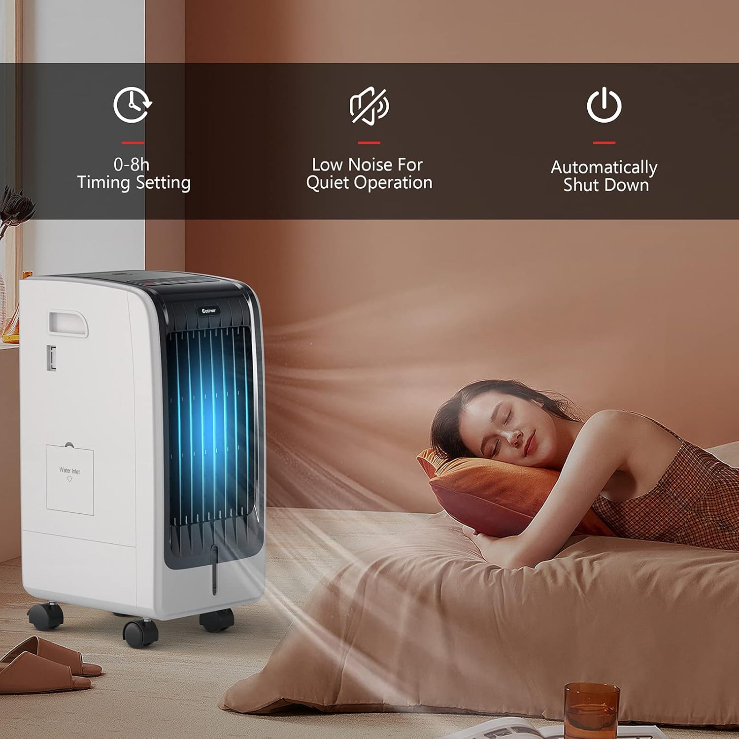 COSTWAY Enfriador de aire evaporativo portátil para habitación, incluye control remoto, 2 paquetes de hielo, ventilador portátil sin aspas con 3