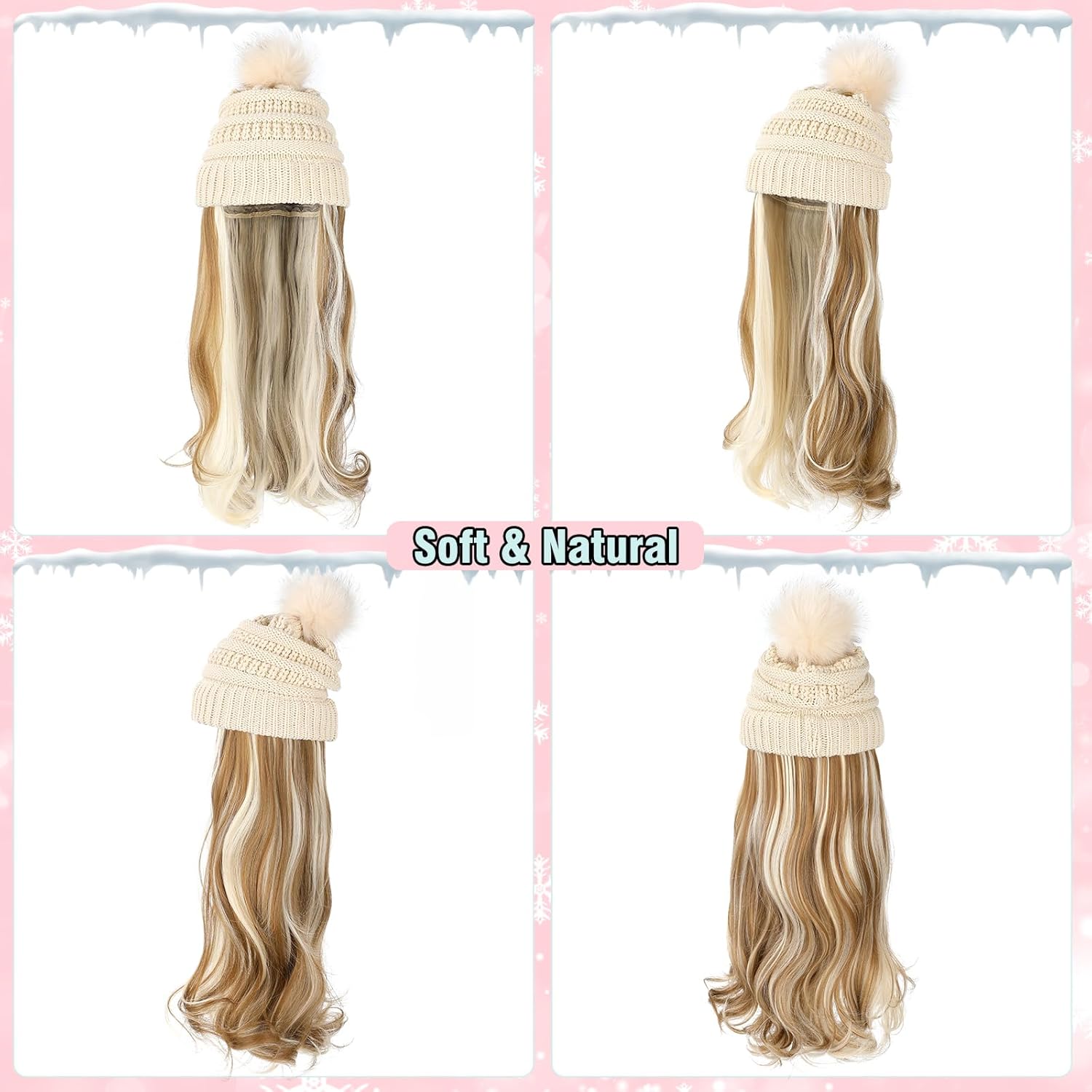 Gorro con peluca, gorro con cabello, extensiones largas onduladas, gorro de punto con pompones, 20 pulgadas, sintético, extraíble, para mujer,
