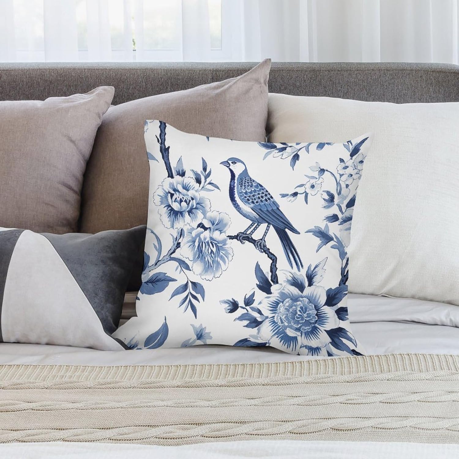 Funda de almohada floral de pájaro de terciopelo azul índigo, fundas de cojín chinoiserie, fundas de almohada de granja para decoración del hogar