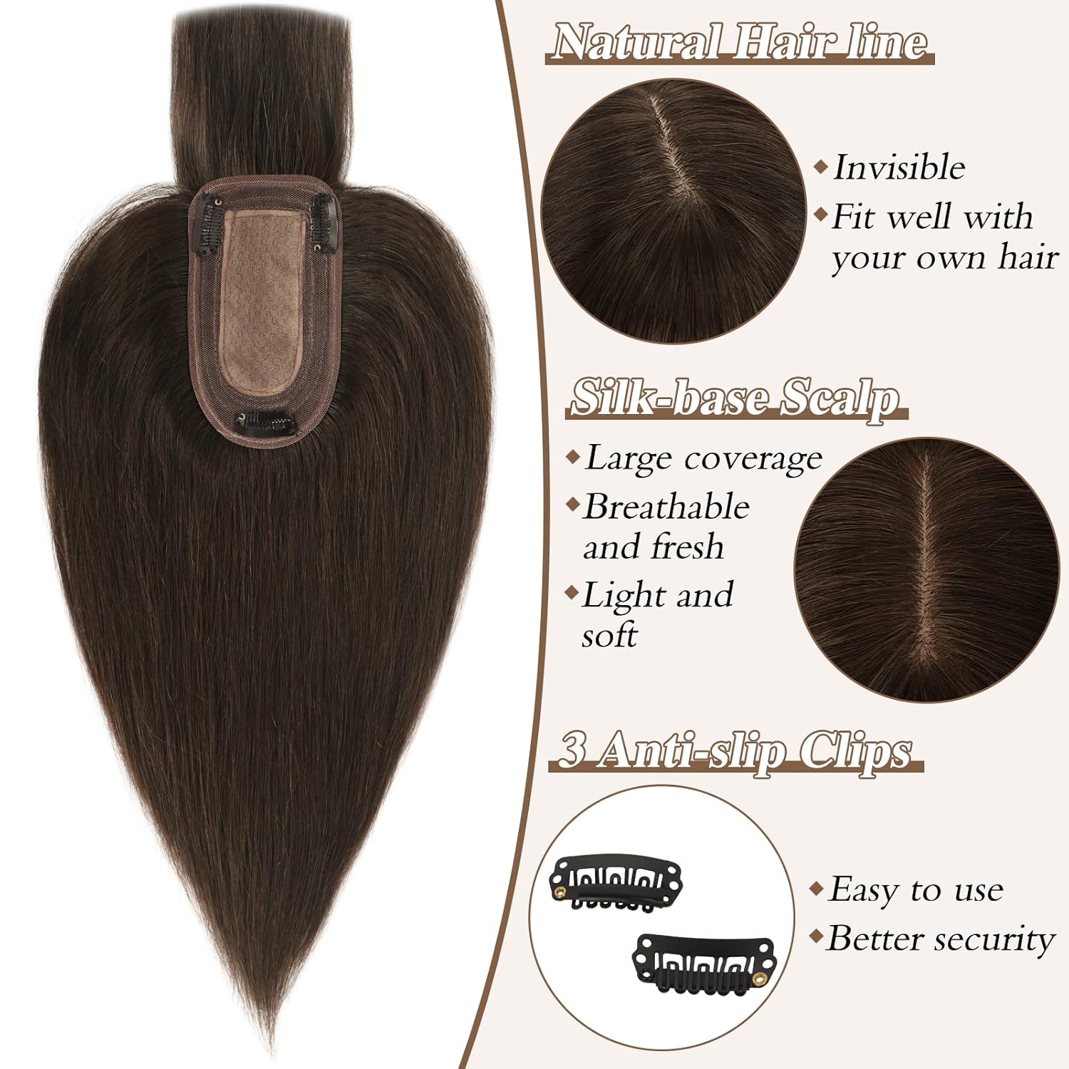 RUWISS Decoración de cabello humano con flequillo, corona, piezas de cabello para mujer, peluca corta para cabello fino, 3.0 x 5.1 in, base de seda,
