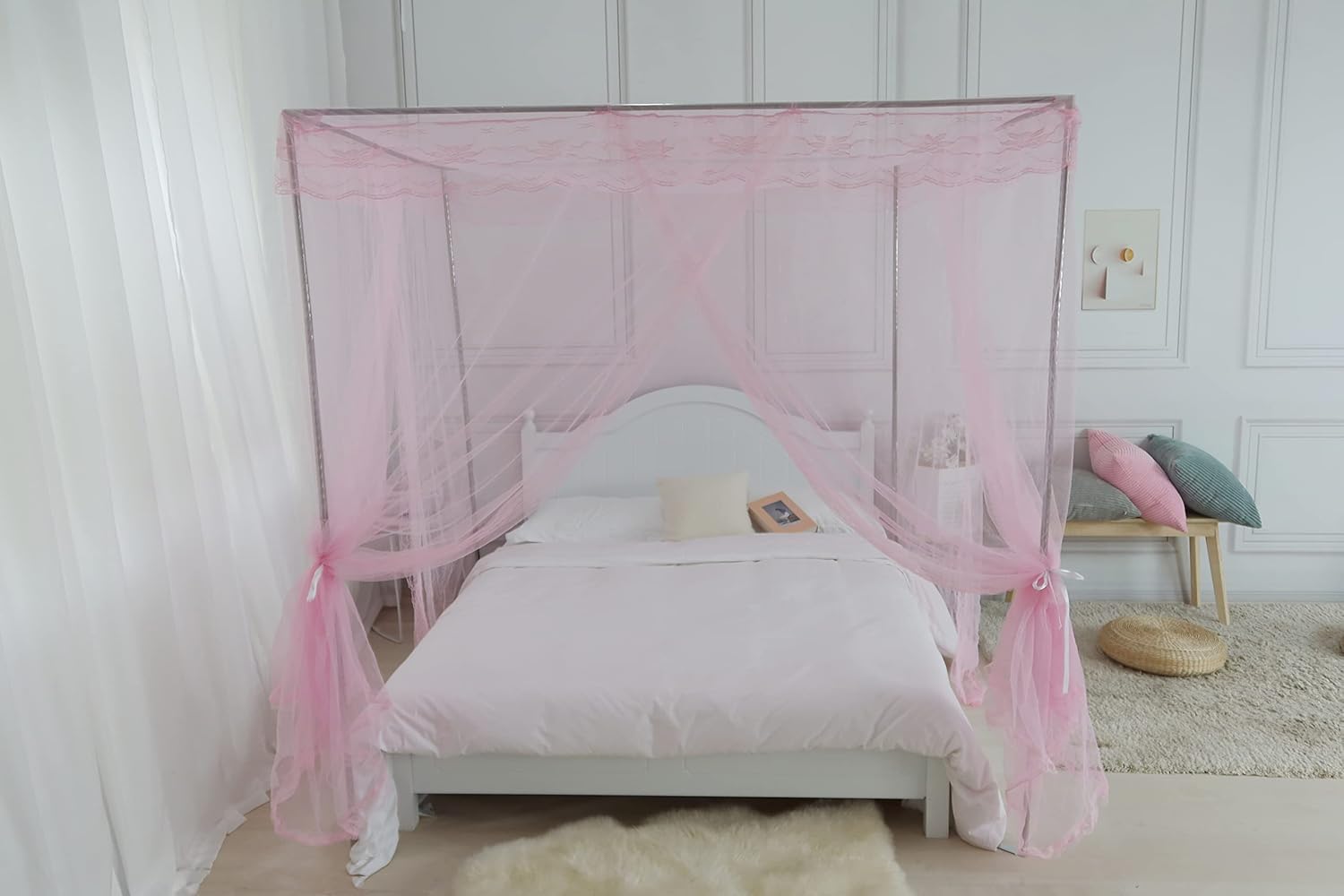 Toldo de cama, red de cortina de cama de princesa para niñas y adultos, red rectangular de cúpula de encaje de tres puertas (rosa, Queen)