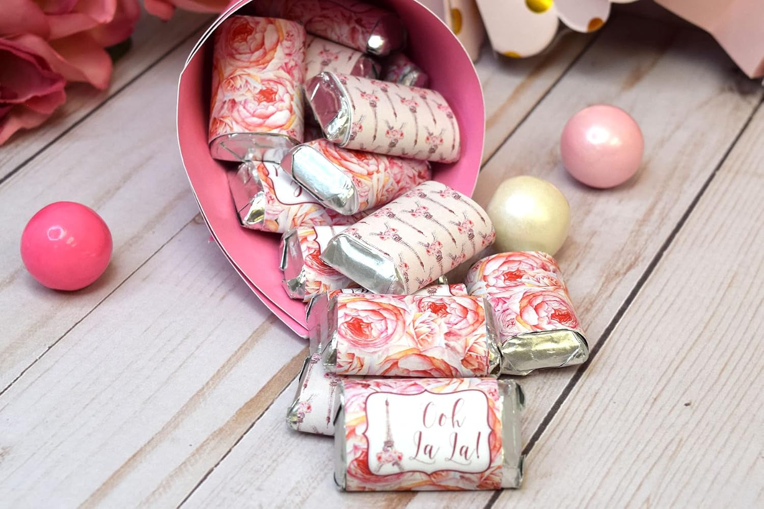 Ooh La La Acuarela Floral París Cumpleaños Mini Chocolate Candy Bar Envolturas para Niños, 45 etiquetas envolventes de 1.4 x 2.6 pulgadas por