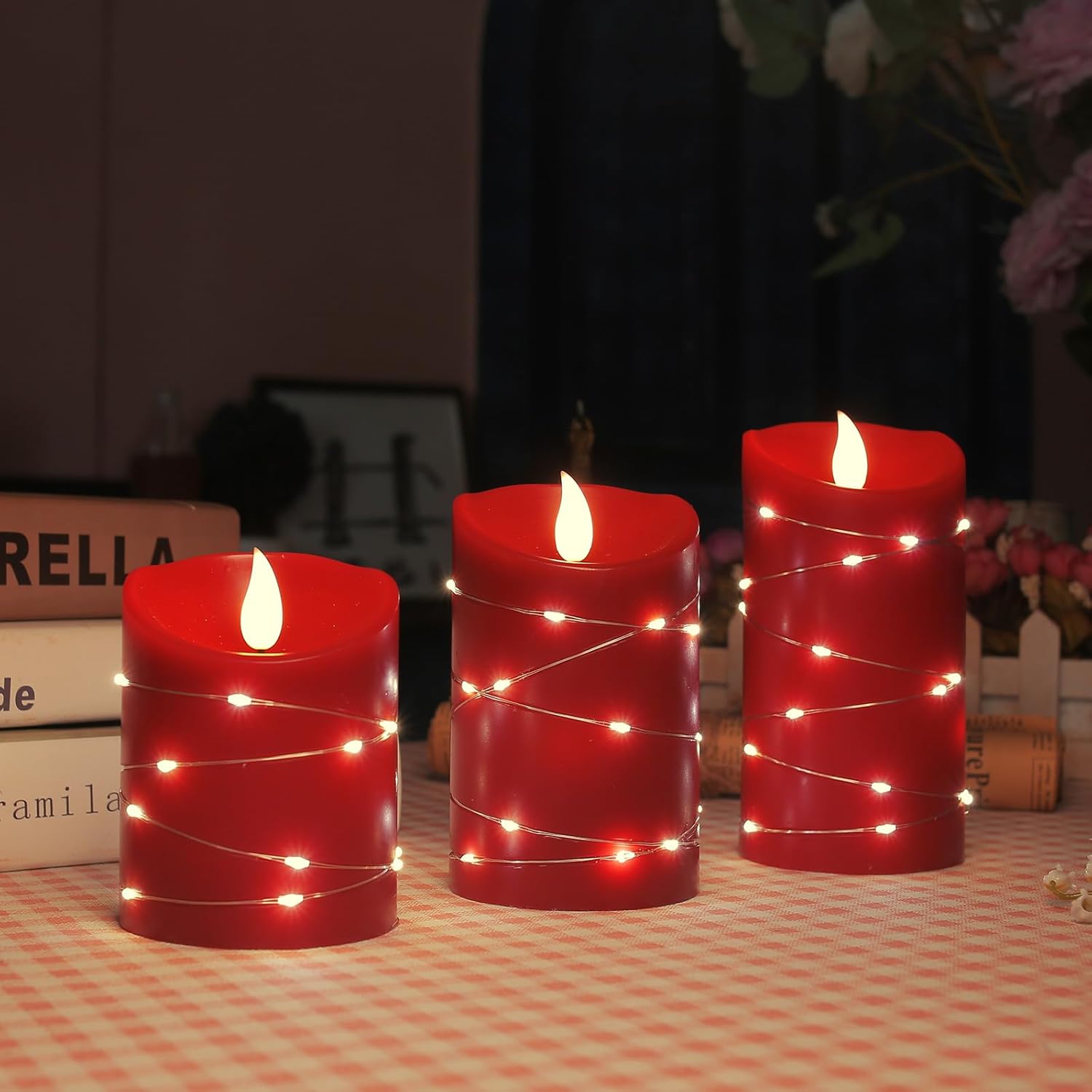 Vela sin llama recargable con cadena de velas LED con fuente de alimentación USB, control remoto, vela electrónica, luz intermitente, juego de 3