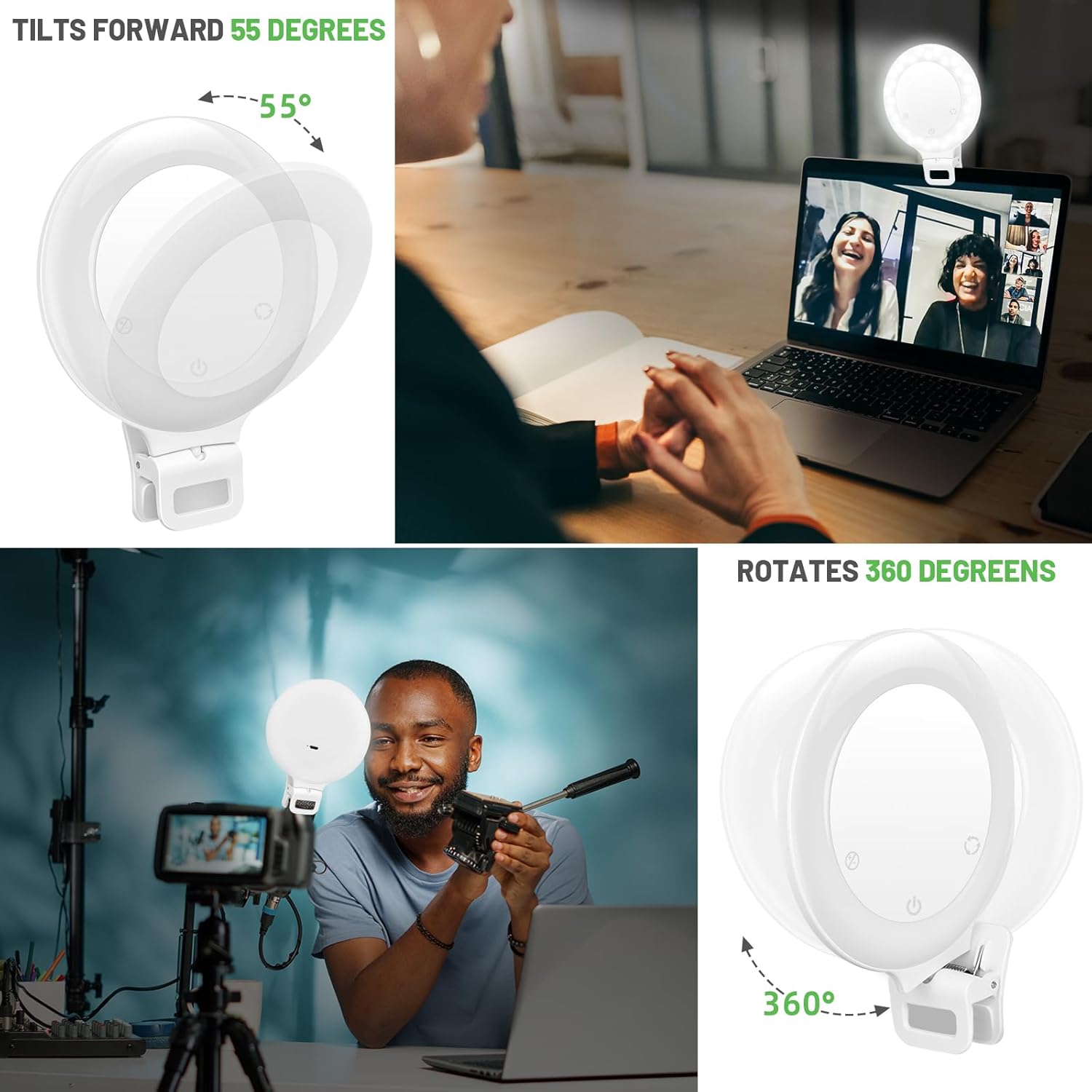 Anillo de luz, 3 modos de luz, luz para selfie, recargable, batería de gran capacidad, portátil, 60 LED, brillo ajustable, luz con clip para laptop,