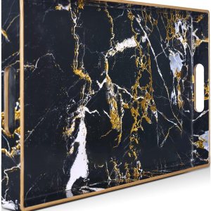 Gifturbo Bandeja negra para servir, bandejas decorativas de mármol con asas, bandeja de mesa auxiliar, bandejas de plástico rectangulares otomanas Gifturbo Bandeja negra para servir, bandejas decorativas de mármol con asas, bandeja de mesa auxiliar, bandejas de plástico rectangulares otomanas