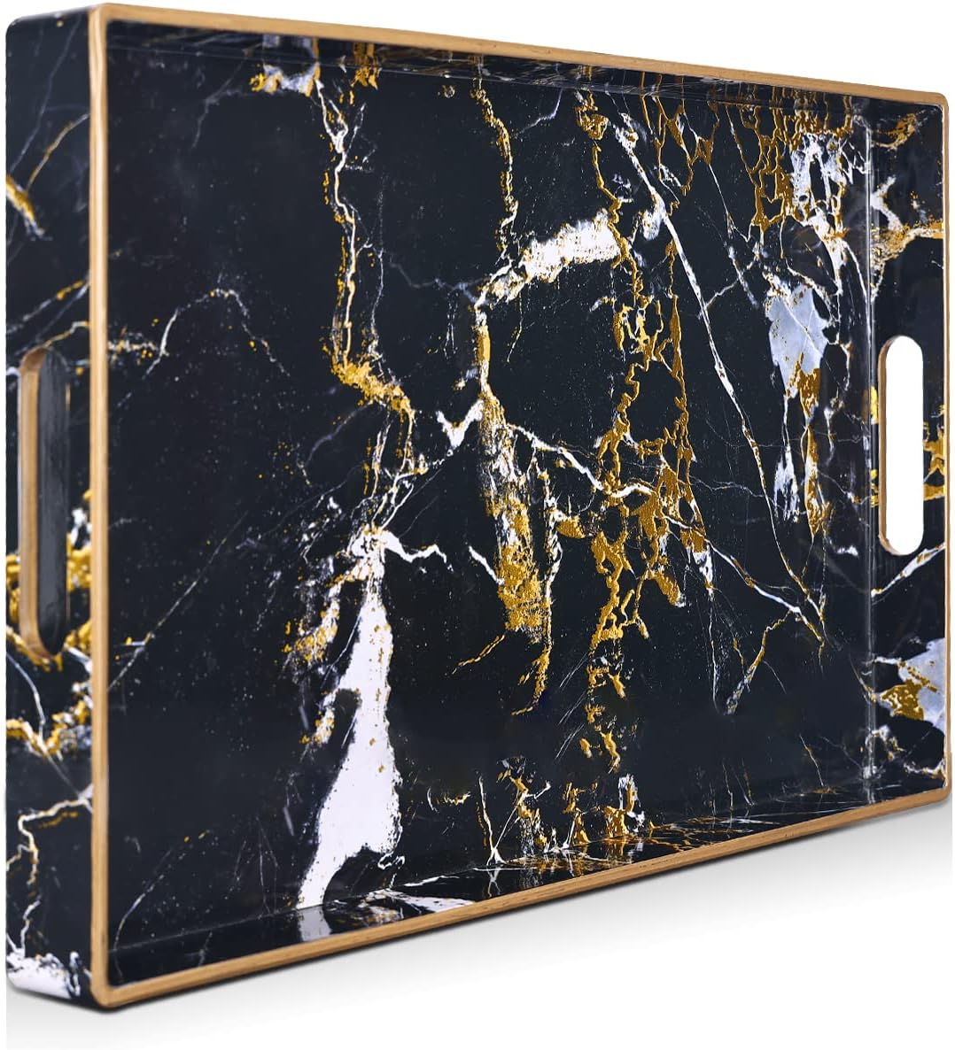 Gifturbo Bandeja negra para servir, bandejas decorativas de mármol con asas, bandeja de mesa auxiliar, bandejas de plástico rectangulares otomanas