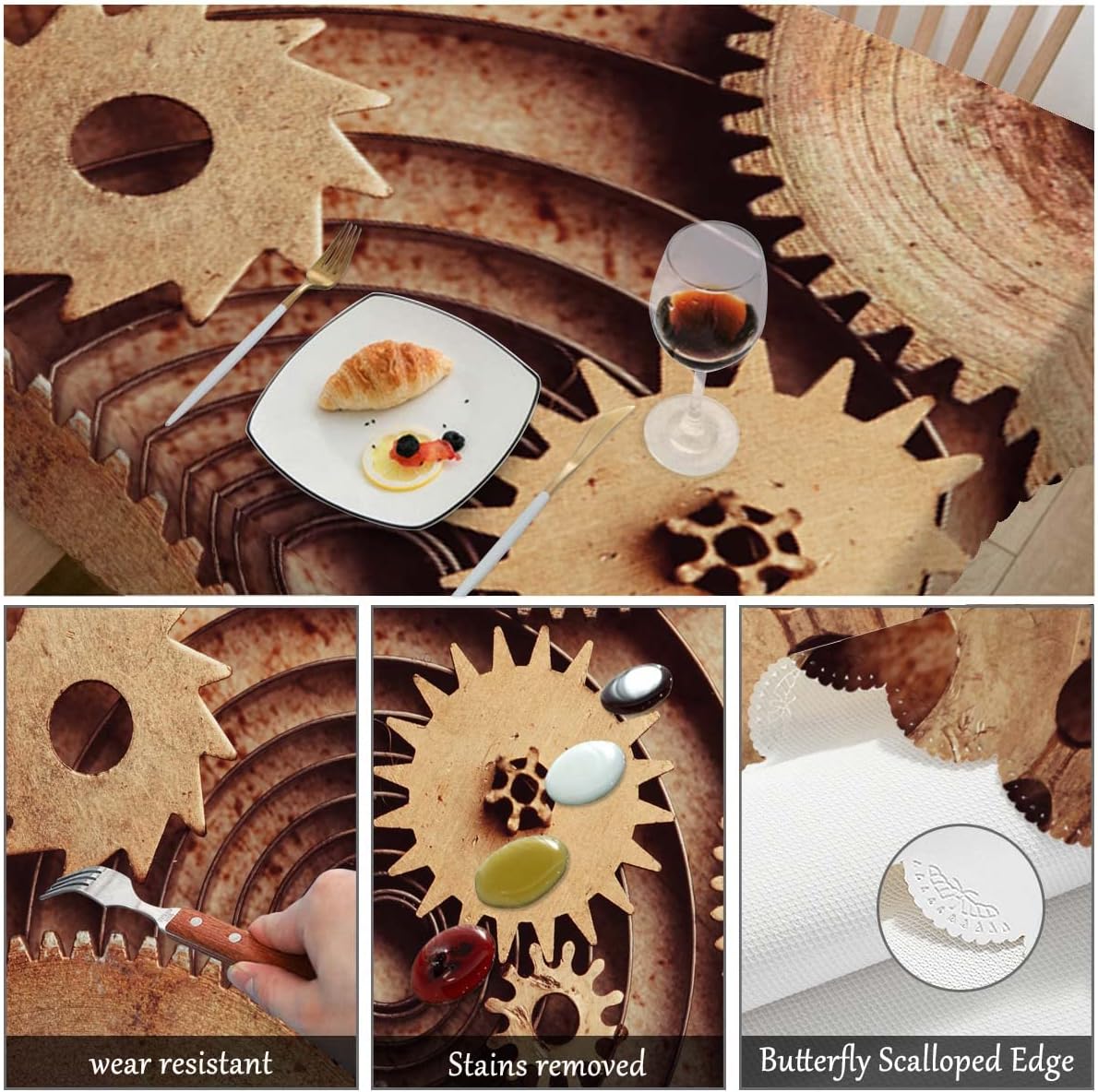 Swono Fundas de mesa de reloj de 52 x 70 pulgadas, Steampunk Old Mental Mecánico, engranajes de reloj lavable, mantel de cocina y comedor, mantel