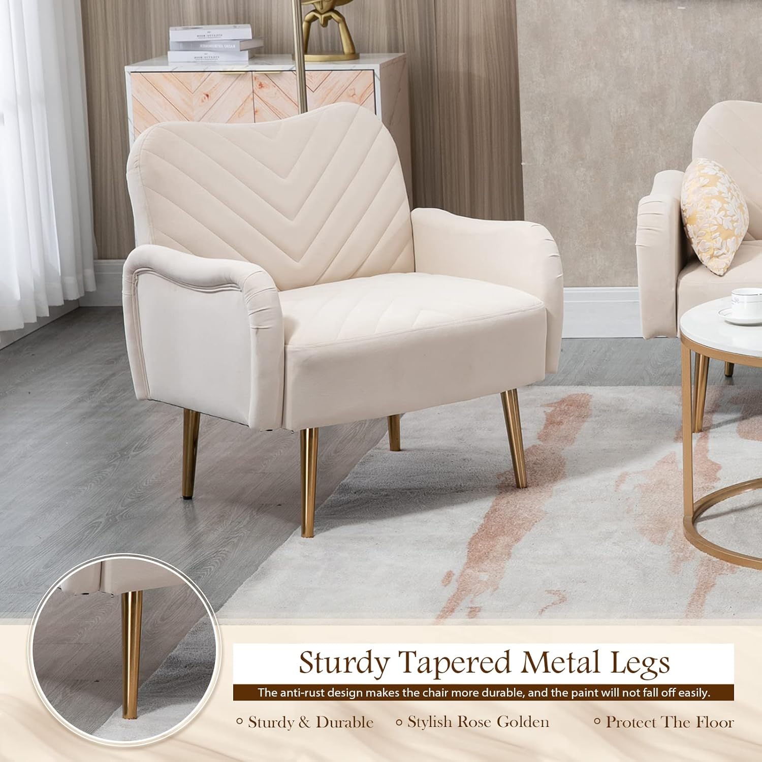 Antetek Silla decorativa moderna de terciopelo, sillón tapizado para sofá individual con patas de metal dorado rosa, sillón lateral copetudo para