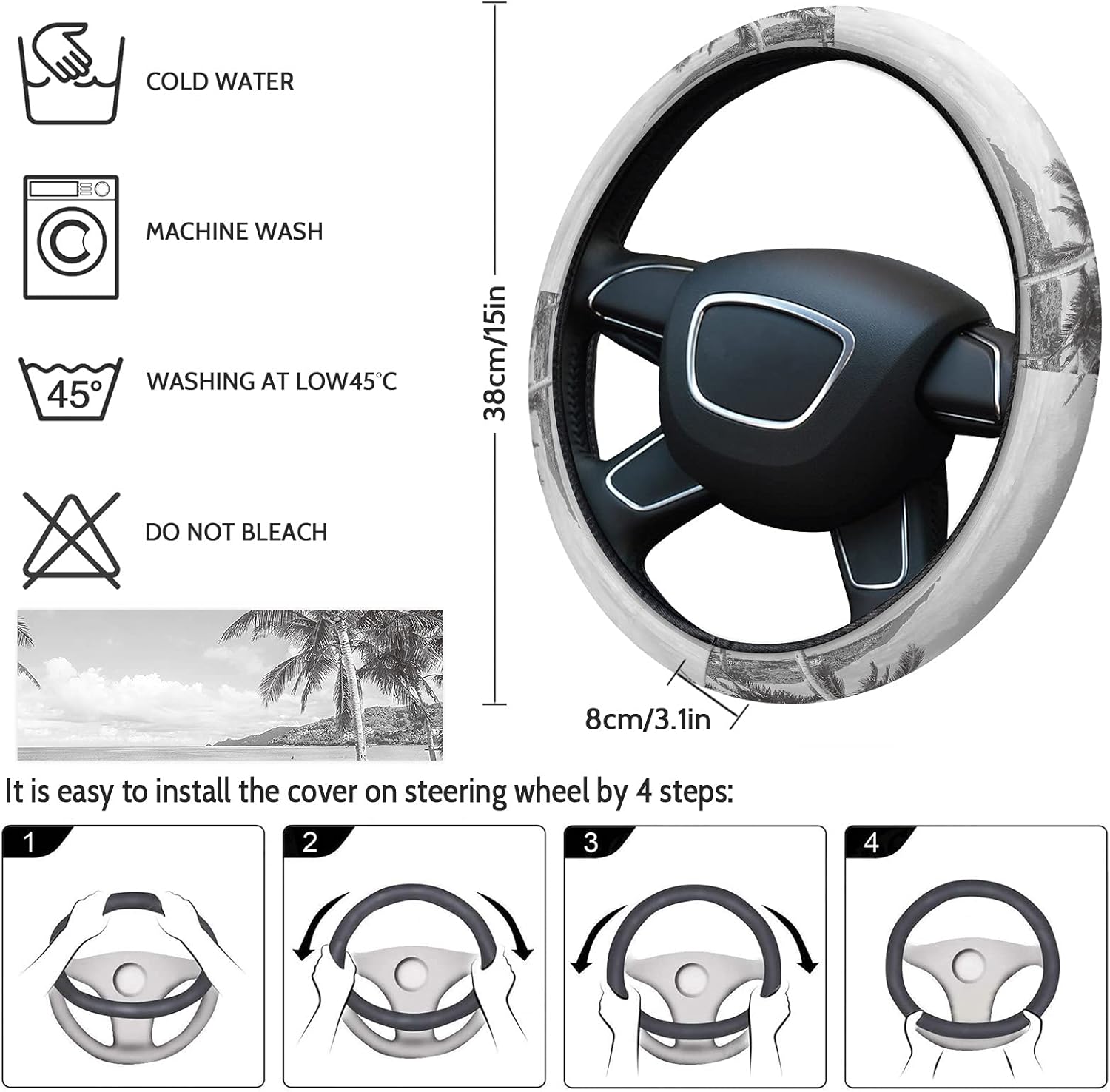 Car Steering Wheel Cover, Black White Palm Tree Elastic Stretch Sponge Steering Wheels Protective Cover for Vehicles Trucks SUVs Universal