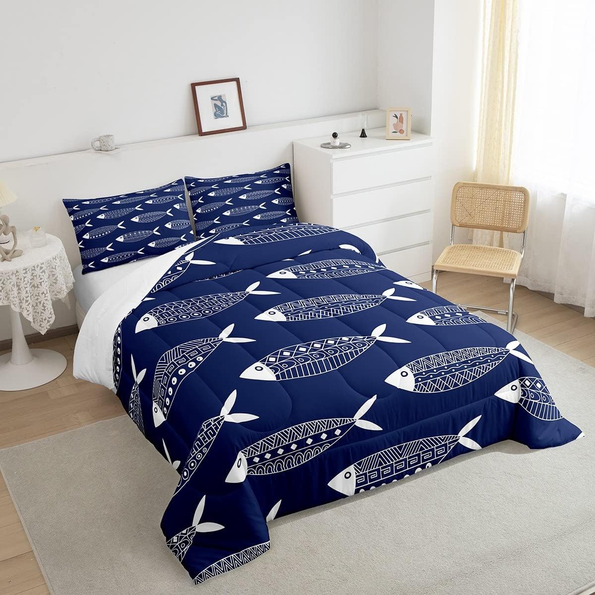 Juego de edredón de peces tamaño King, ropa de cama azteca, ropa de cama tradicional mexicana, maya, étnica, abstracta, océano, geométrico, azul