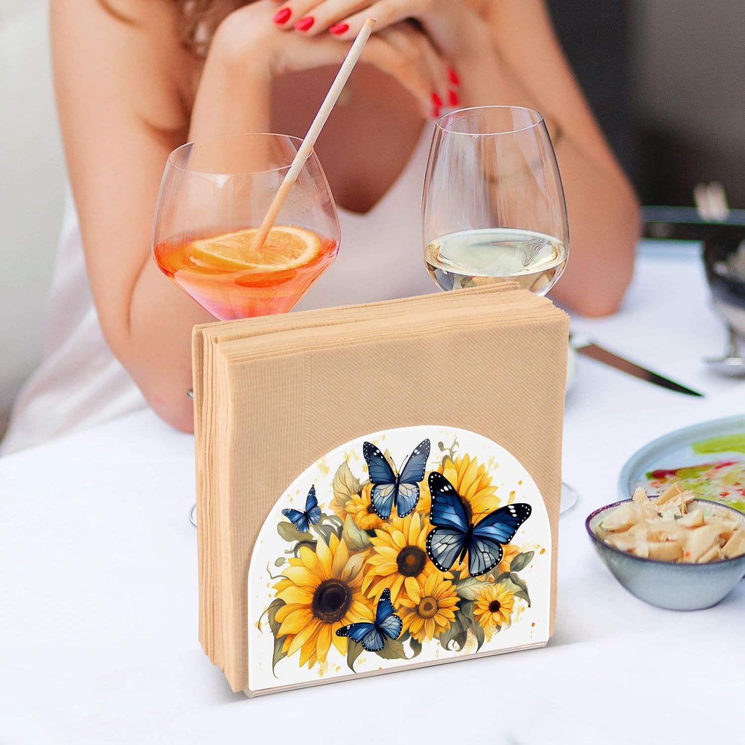 Servilletero de acrílico transparente con girasol y mariposa, servilletero, dispensador de mesa de comedor para cocina, restaurante, decoración del