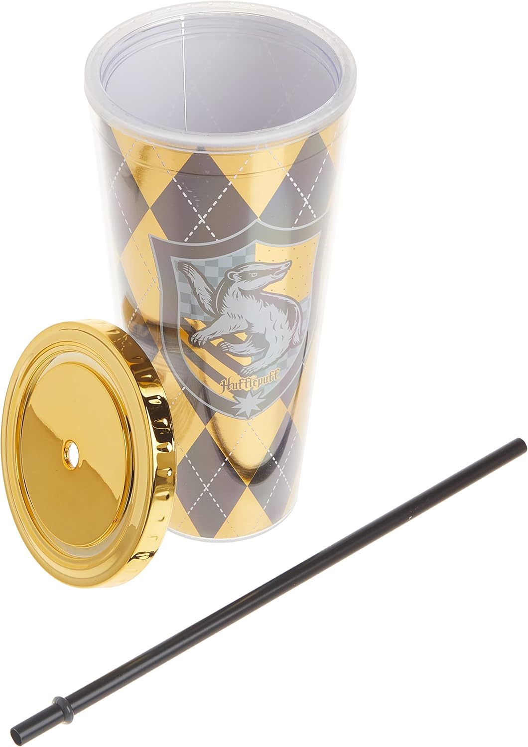 Spoontiques Harry Potter – Vaso de aluminio, con pajilla y diseño de Hufflepuff, 20 onzas, acrílico, color amarillo