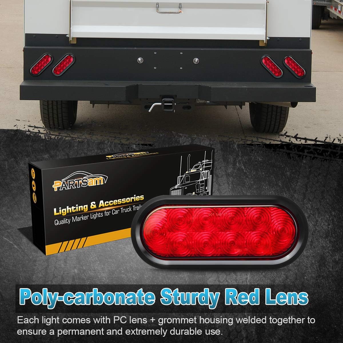 Partsam 6 luces de freno traseras ovaladas rojas de 10 diodos de 6 pulgadas con arandela + montaje empotrado, luces traseras de remolque ovaladas de