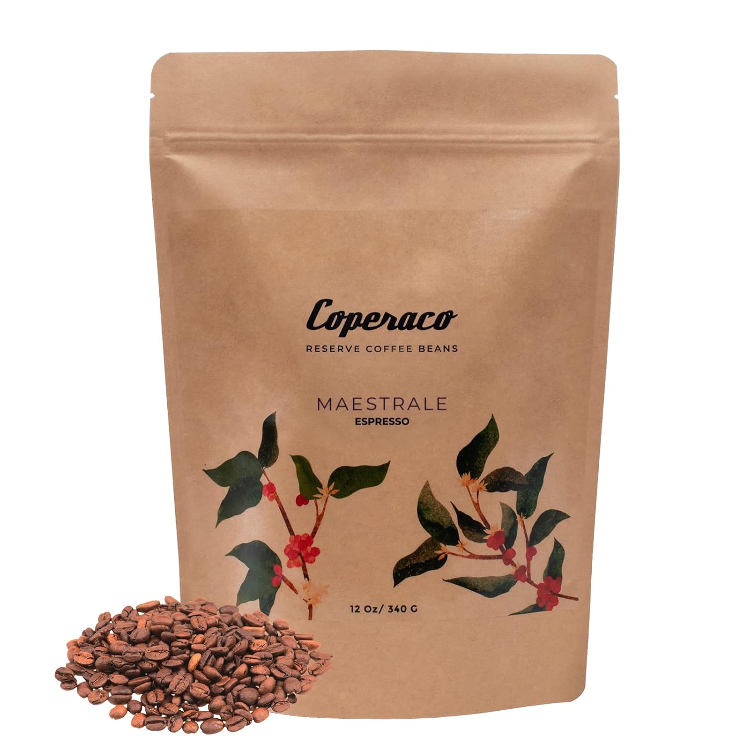 Coperaco Maestrale, Granos de café enteros, tostado medio, notas de almendra tostada con nuez y chocolate, acabado duradero, perfecto para expreso,