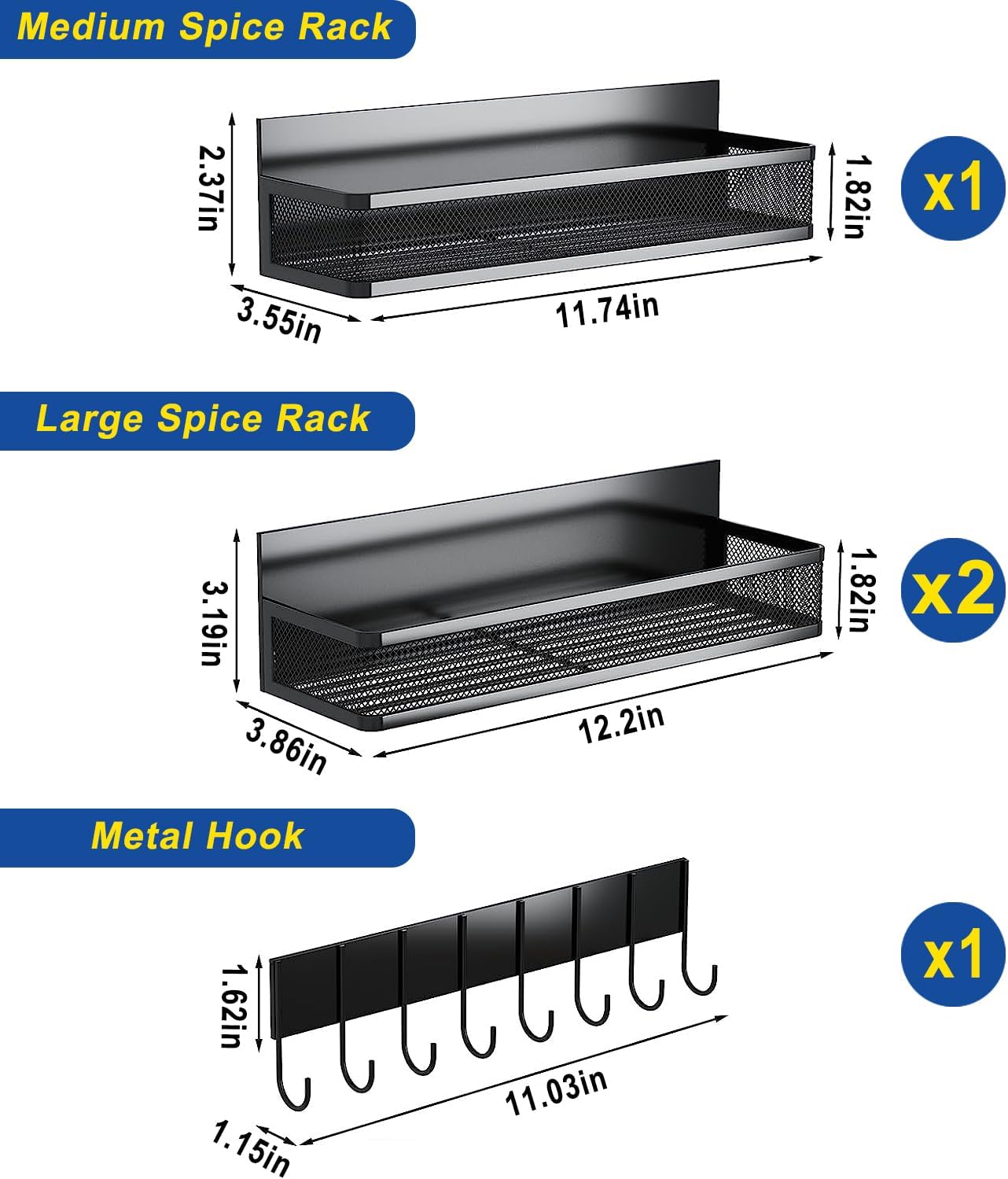 Miyawell Estante magnético para especias para refrigerador, paquete de 4 estantes magnéticos, estantes magnéticos para organización y almacenamiento