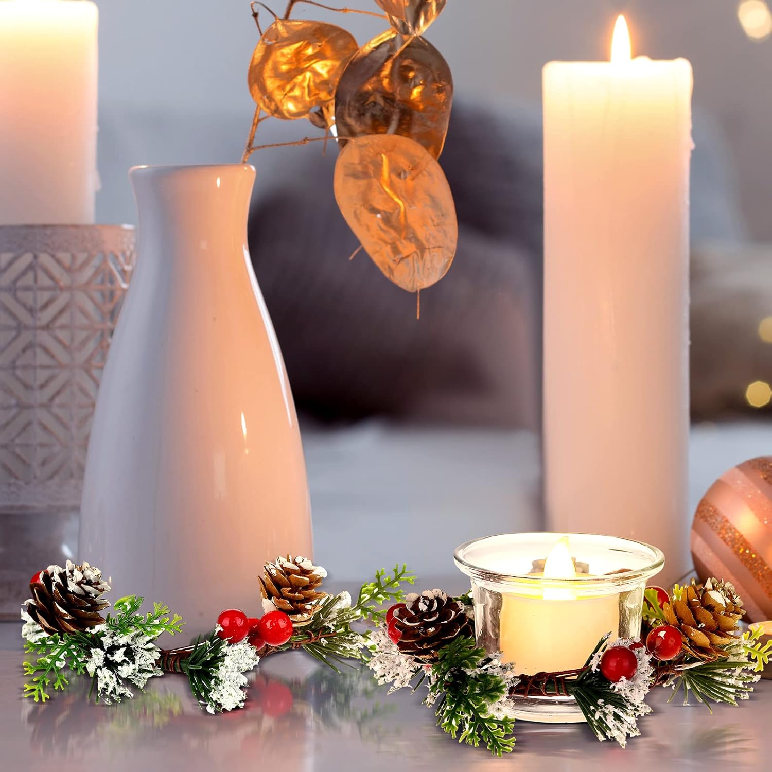 18 piezas de vela de Navidad candelabros de bayas artificiales con candelita de vidrio y velas votivas para decoración de Navidad