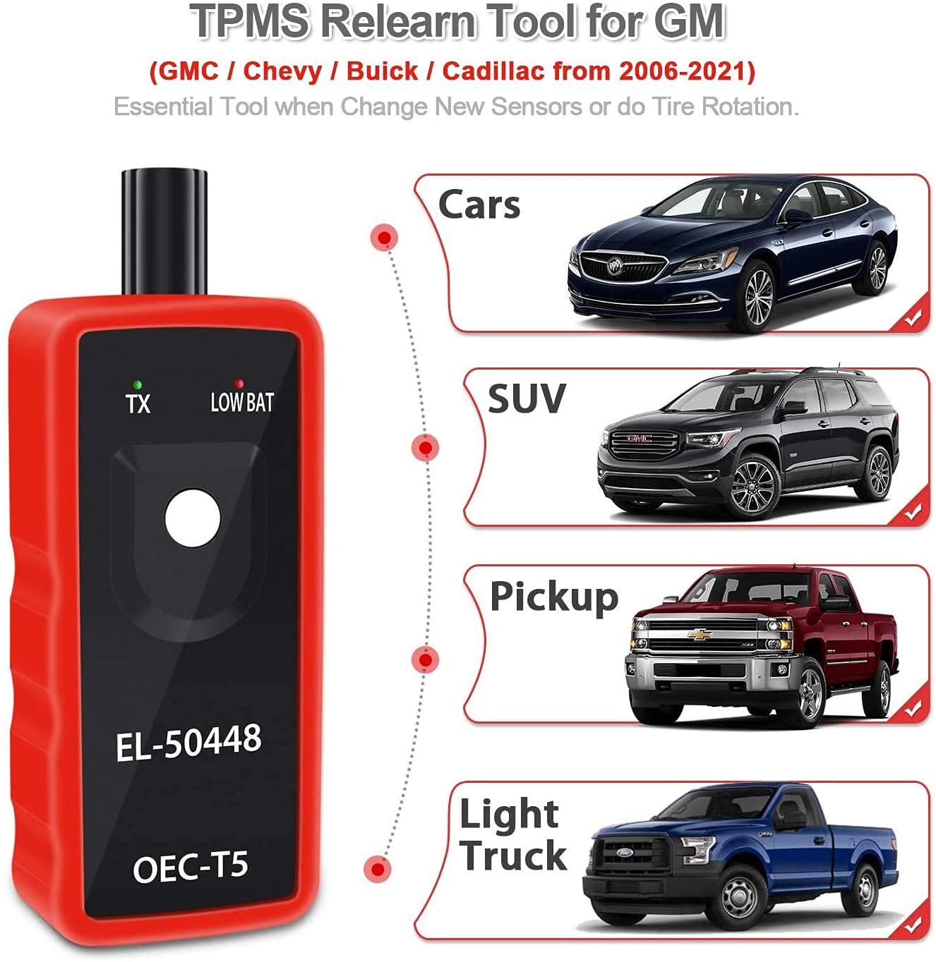 13586335 GM Sensor de presión de neumáticos 315MHZ Sensor TPMS programado con EL-50448 TPMS herramienta de reaprendizaje para Buick Cadillac