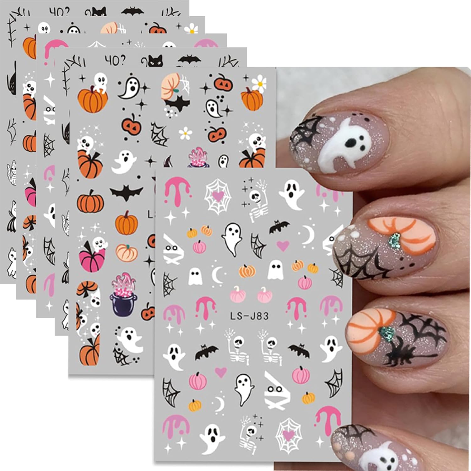 Calcomanías de uñas de Halloween, calabazas de dibujos animados, fantasmas, uñas, calcomanías 3D autoadhesivas para arte de uñas, bonitos