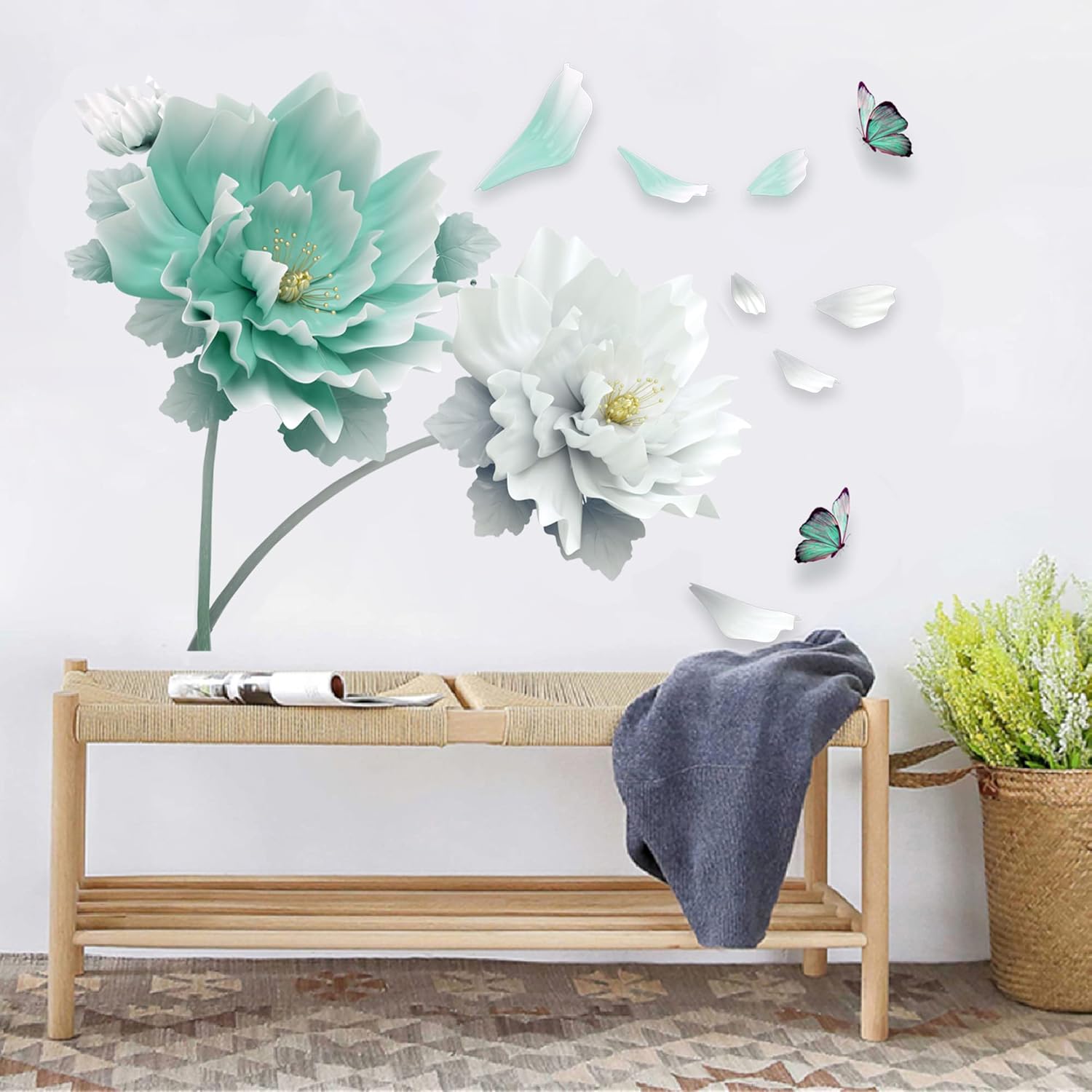 RoyoLam Calcomanías de pared grandes de flores cian, pétalos, mariposas, calcomanías de pared florales para sala de estar, removibles, despegar y