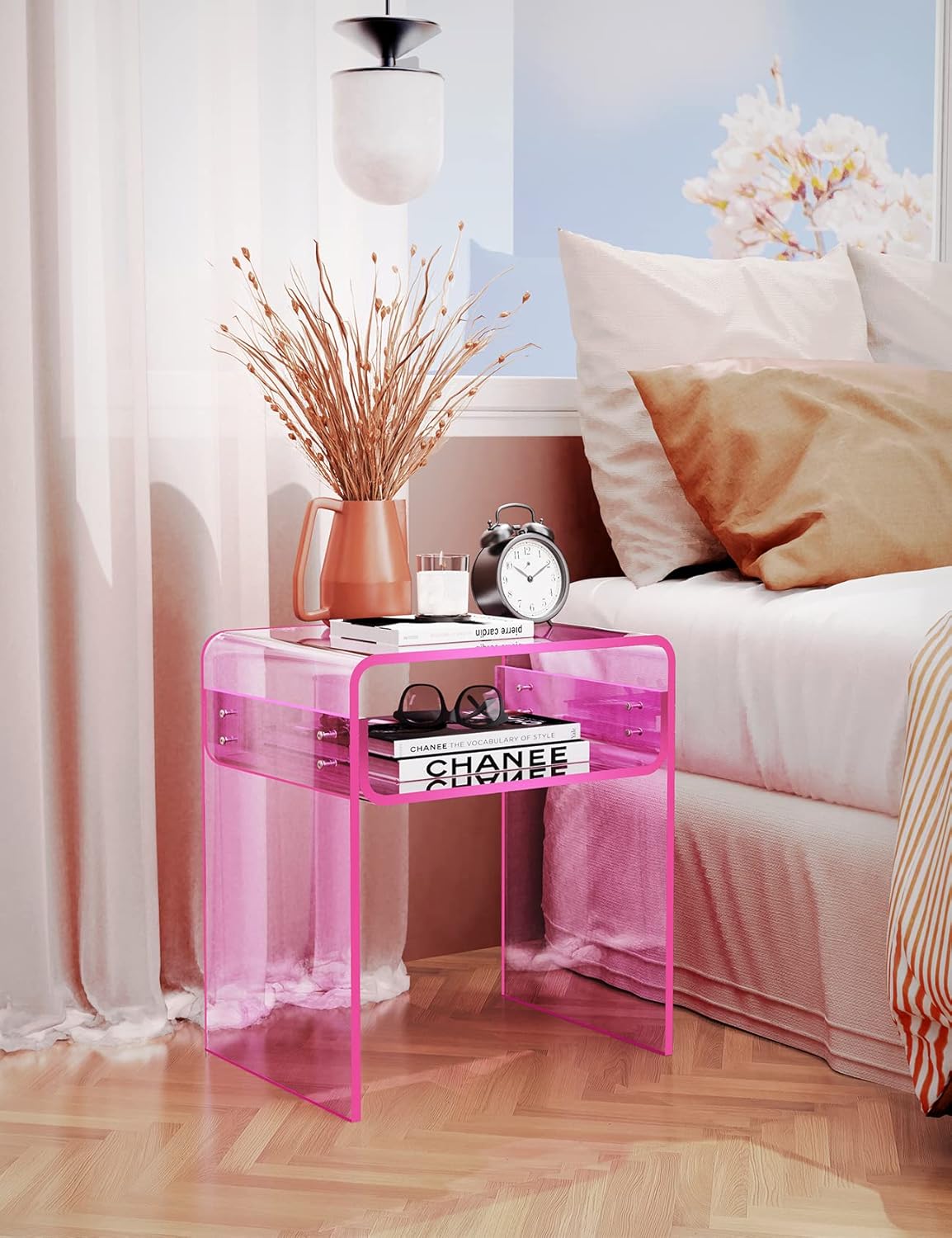 Mesa auxiliar de acrílico transparente de 2 niveles para sala de estar, dormitorio, decoración del hogar (rosa)