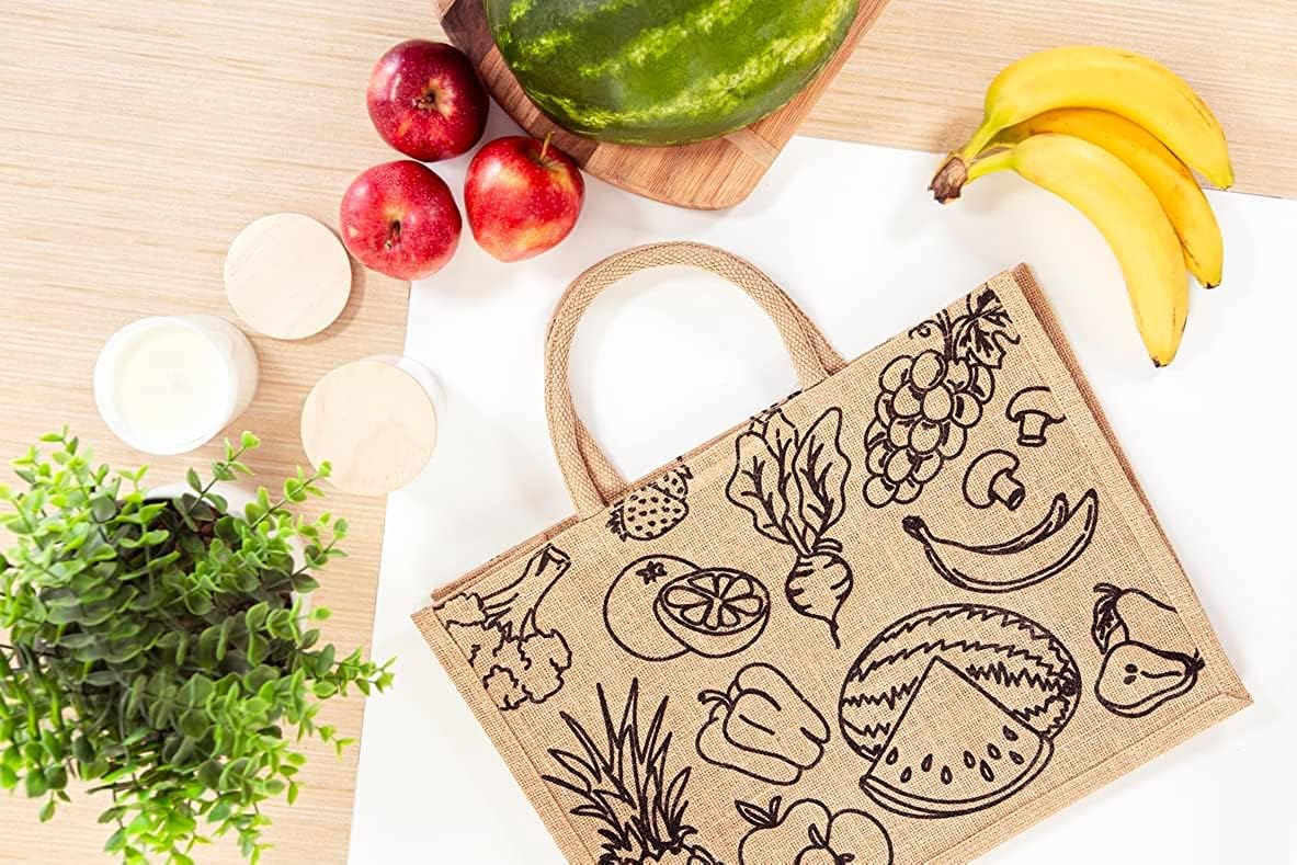 Bolsas de arpillera extra grandes, paquete de 2, compras de comestibles, diseño de frutas y verduras, ecológicas, asas de algodón, reutilizables y