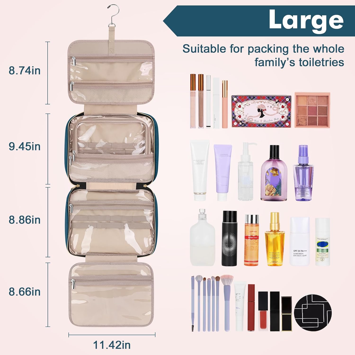 Wedama Neceser para mujer, bolsa de viaje grande para cosméticos, bolsa de aseo colgante para baño, bolsa de maquillaje impermeable de PVC grueso,