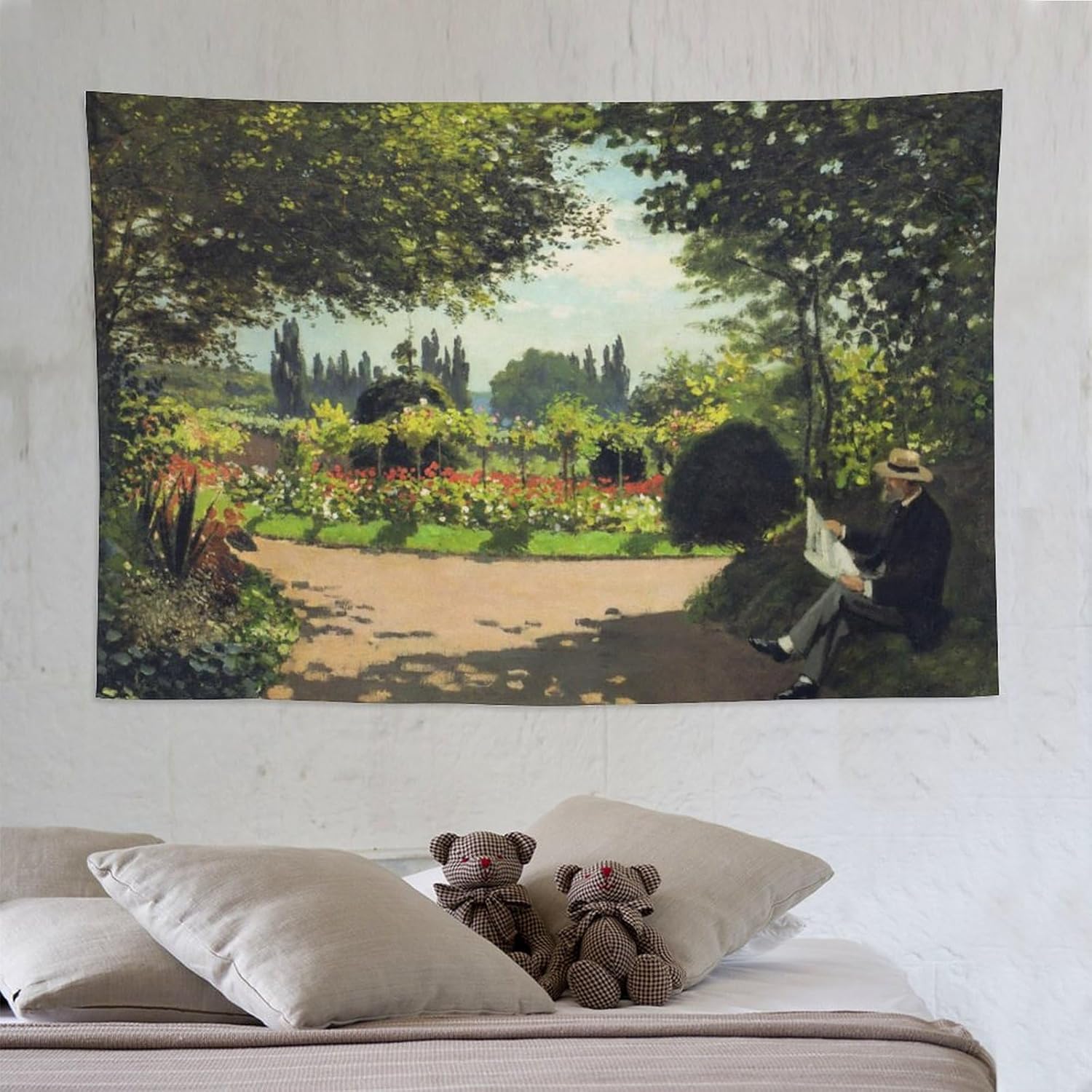 SAYFUR Claude Monet Tapiz Monet Reading in The Garden, 1866 Tapiz decorativo para pared, sala de estar, dormitorio, impresiones de 60 x 90 pulgadas