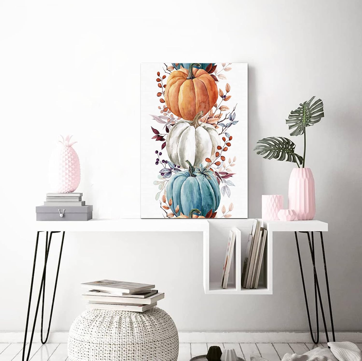 Decoración de pared, lienzo de Acción de Gracias con hojas de eucalipto azul y naranja, arte de pared para dormitorio, sala de estar, baño, cocina,