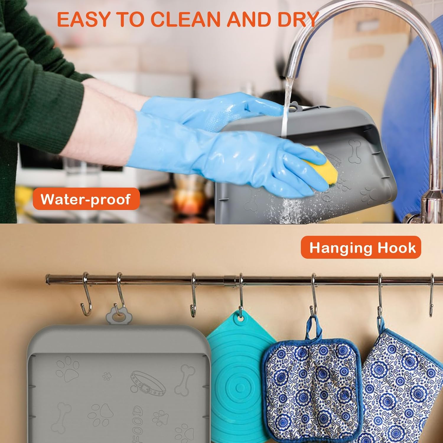 Tomxcute Tapete de silicona para comida y agua, protege los suelos de los alimentos y el agua, impermeable, con bordes altos para evitar derrames de
