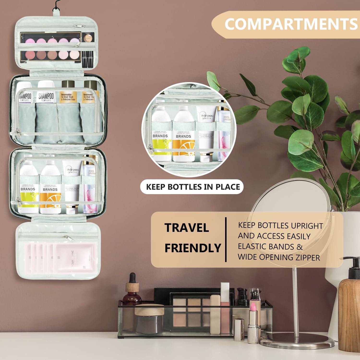VLM Neceser de viaje, organizador de maquillaje con bolsa de cosméticos transparente aprobada por la TSA, artículos esenciales de viaje, accesorios