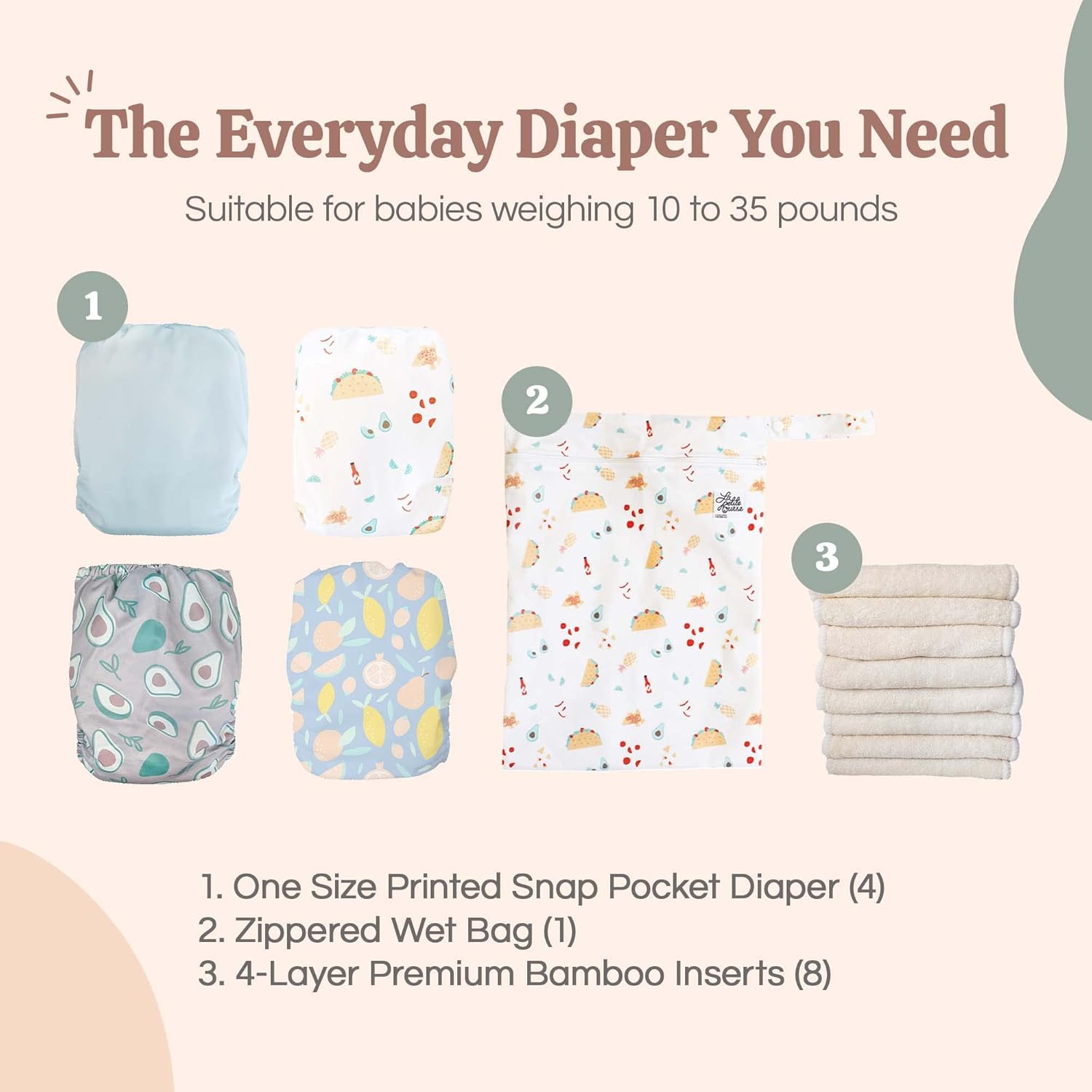 LA PETITE OURSE 4 pañales impresos de tela a presión de tamaño único con 8 inserciones de bambú de 4 capas + 1 bolsa húmeda gratis, para bebés que