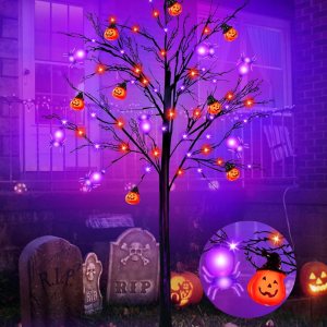 TURNMEON Árbol de Halloween iluminado naranja y morado de 5 pies con temporizador, decoraciones de Halloween, árbol artificial espeluznante para TURNMEON Árbol de Halloween iluminado naranja y morado de 5 pies con temporizador, decoraciones de Halloween, árbol artificial espeluznante para