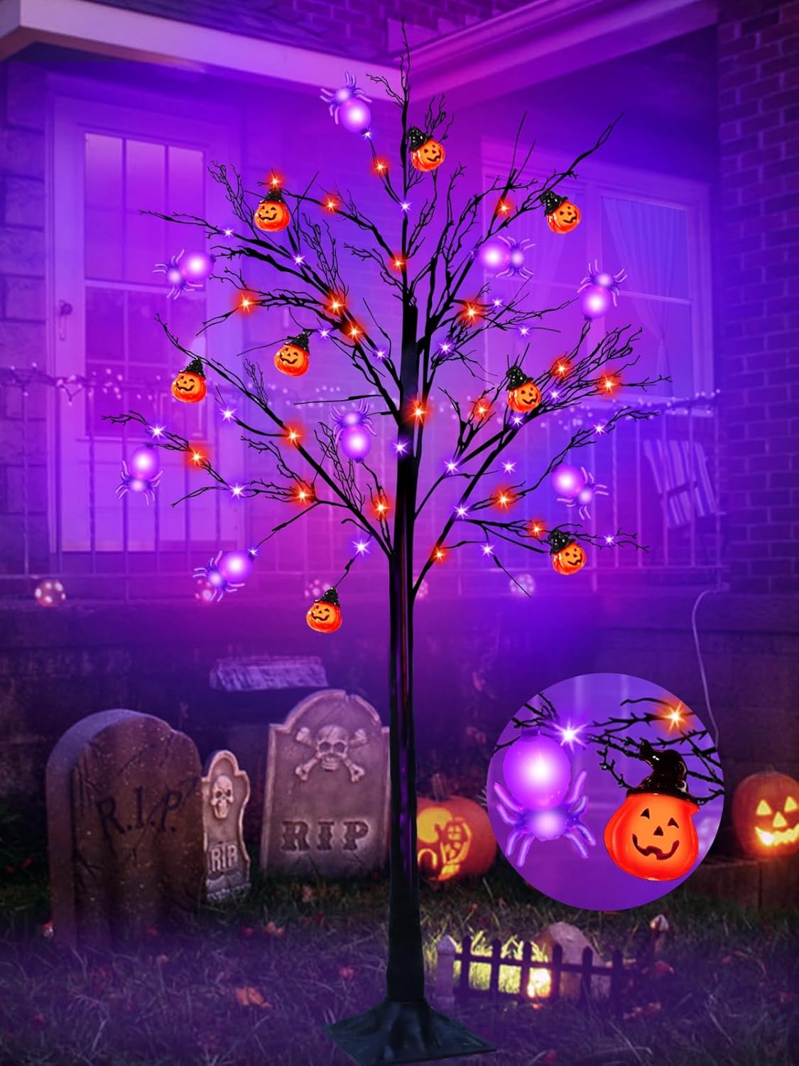 TURNMEON Árbol de Halloween iluminado naranja y morado de 5 pies con temporizador, decoraciones de Halloween, árbol artificial espeluznante para