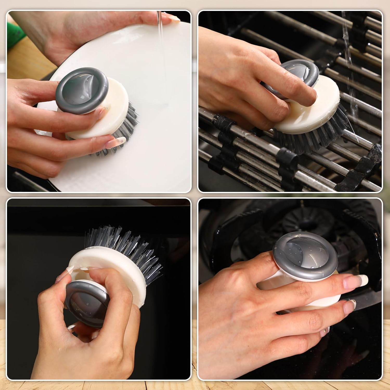 4 cepillos de platos con asa, multiusos, para lavar platos, fregadores para fregadero, sartén, olla, tazón, limpieza de verduras, color gris