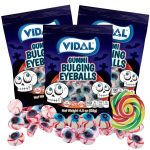 Globos oculares abultados de gomitas de Halloween, caramelos empaquetados individualmente, paquetes de dulces extraños, paquete de 3 Globos oculares abultados de gomitas de Halloween, caramelos empaquetados individualmente, paquetes de dulces extraños, paquete de 3