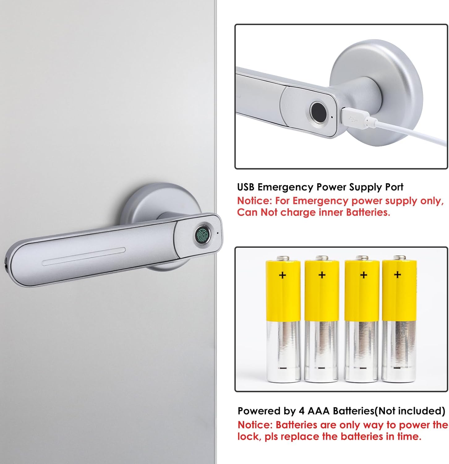 NIDOOT Cerradura de puerta biométrica de huellas dactilares, plata, garantía de 12 meses