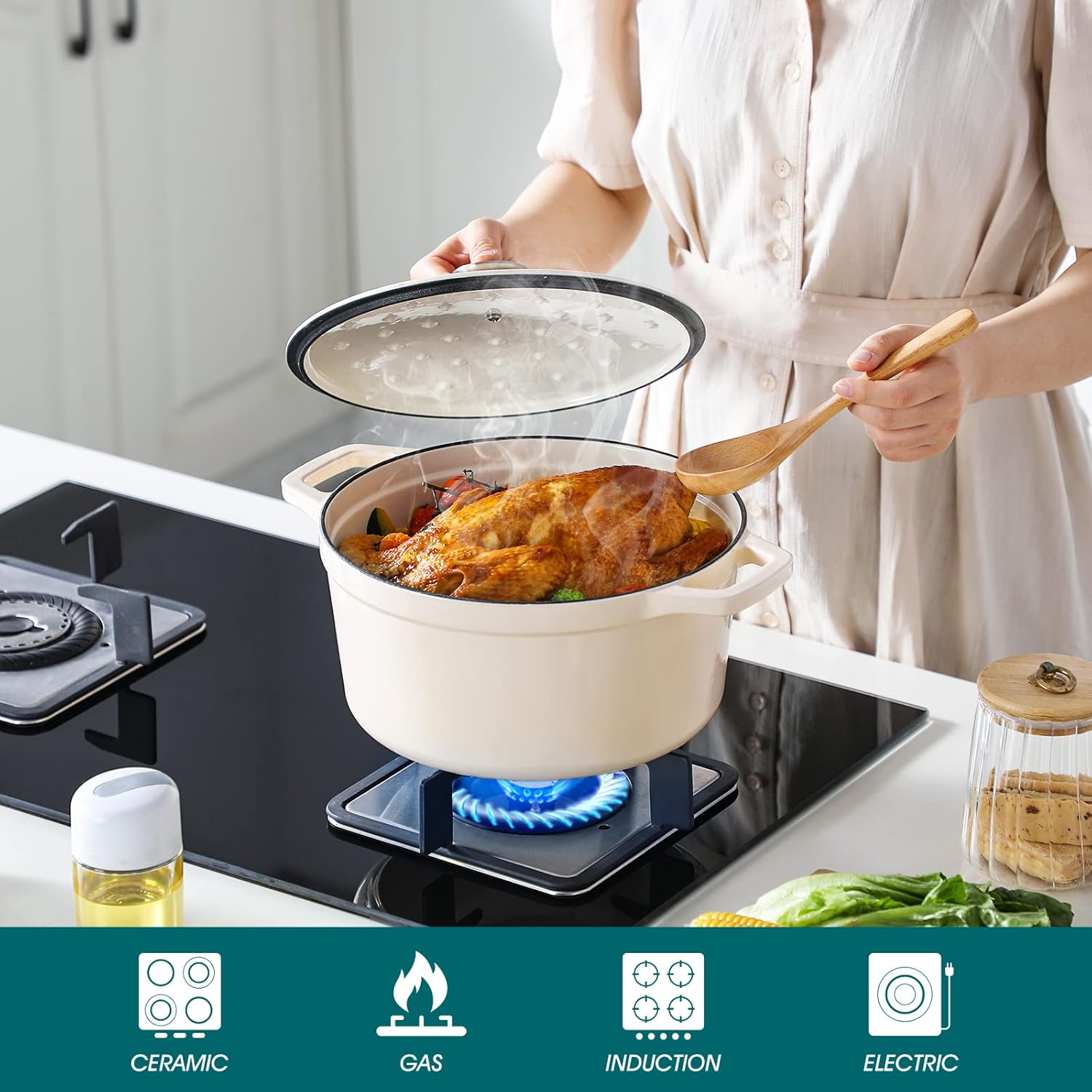 vancasso Horno holandés de hierro fundido, olla holandesa de 6 cuartos de galón con tapa, horno holandés redondo olla de hierro fundido con