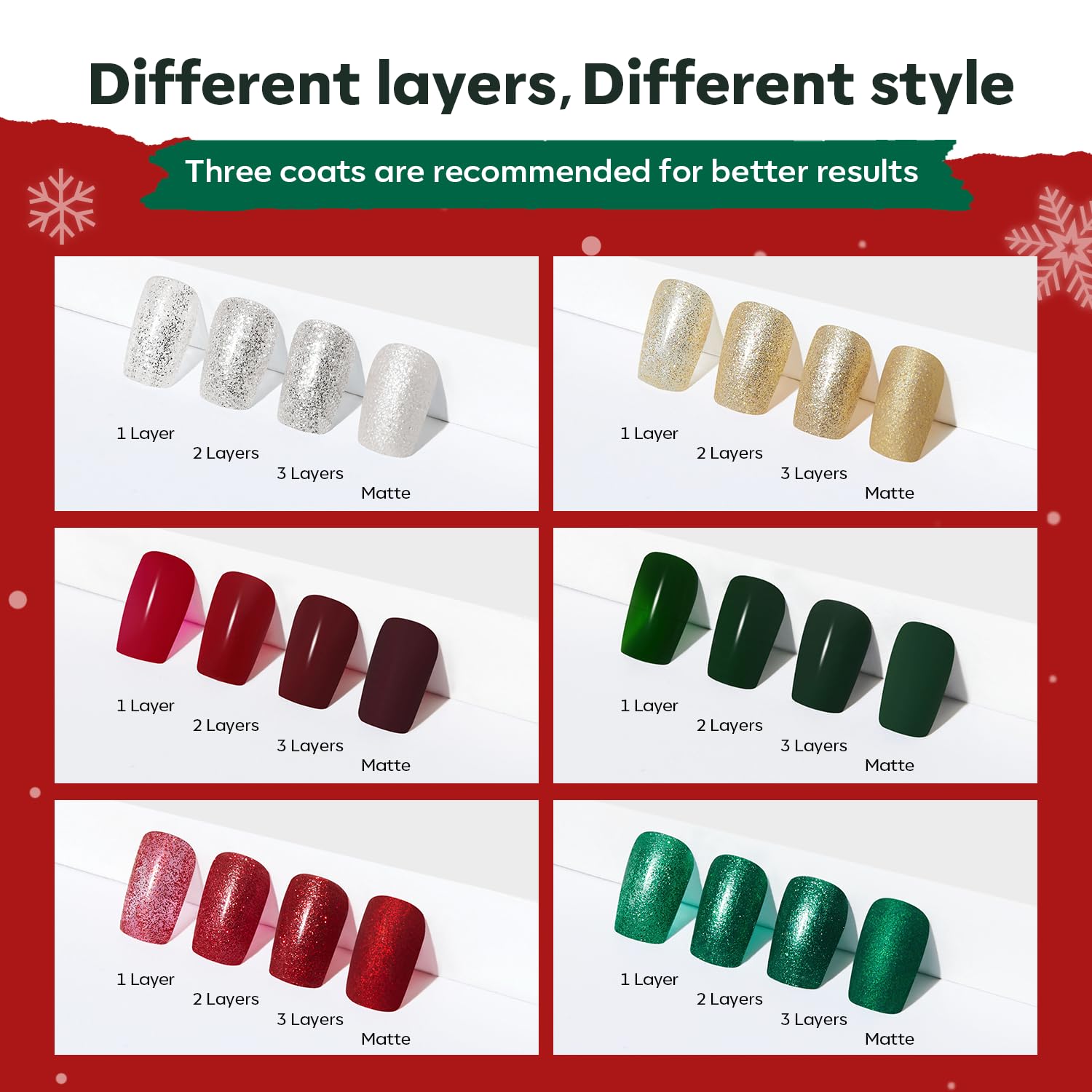 modelones Juego de esmaltes de uñas de Navidad, 6 colores, rojo y verde, con purpurina, juego de esmalte de uñas dorado y plateado, kit de esmalte