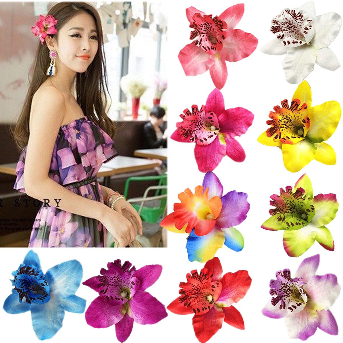 10 pinzas para el pelo de flores de gasa para mujer, diseño de mariposa, orquídea, cocodrilo, accesorios de boda, decoración de eventos de boda