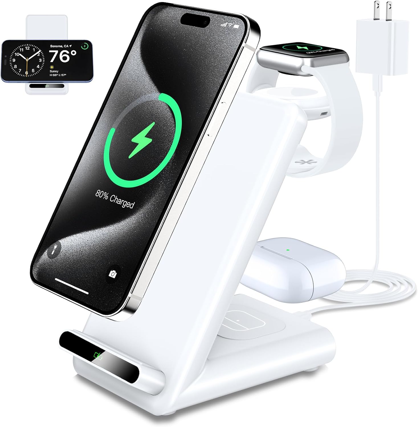 Estación de carga inalámbrica, soporte de carga inalámbrico 3 en 1 hecho para Apple Watch Ultra 9 8 7 6 SE 5 4 3, cargador inalámbrico rápido hecho