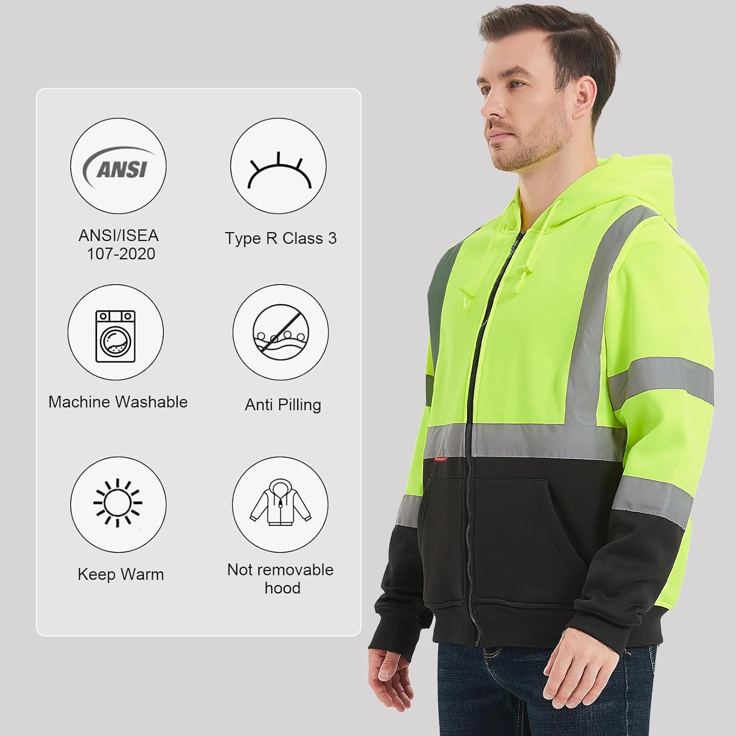 ProtectX Sudadera de seguridad de alta visibilidad clase 3 para hombre, sudadera reflectante con bolsillo grande para construcción y trabajo