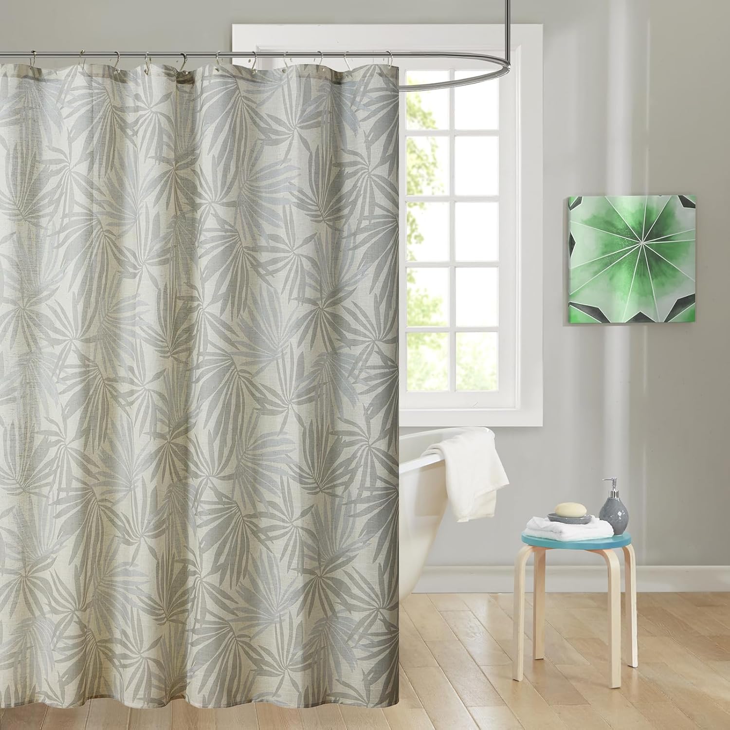Cortina de ducha para baño, color gris y beige, mezcla de lino, hojas y plantas, juego de cortinas de ducha para baño, resistente, 12 ganchos