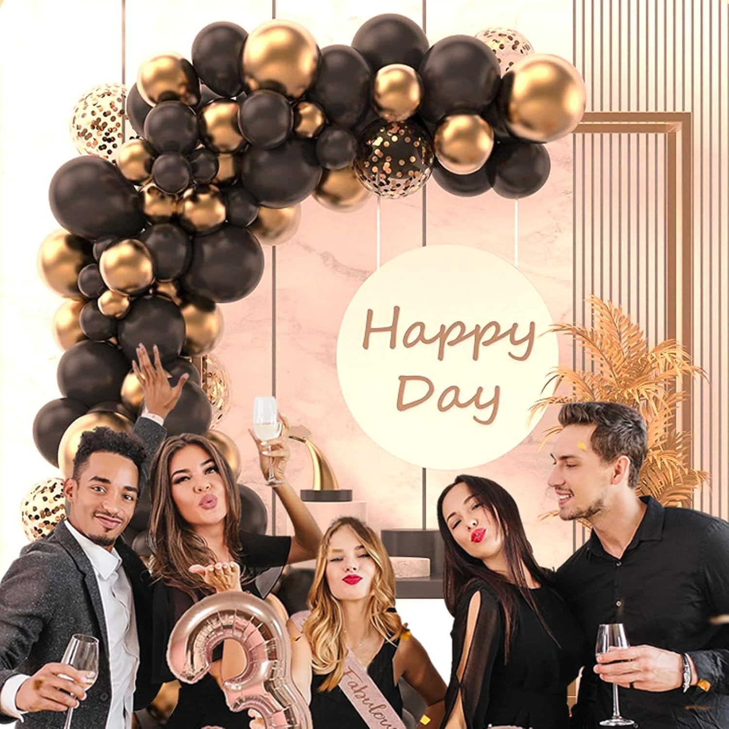 FALA – Guirnalda de globos para fiestas, 120 globos metálicos de látex de confeti negro y dorado, suministros de fiesta para propuesta de confesión,