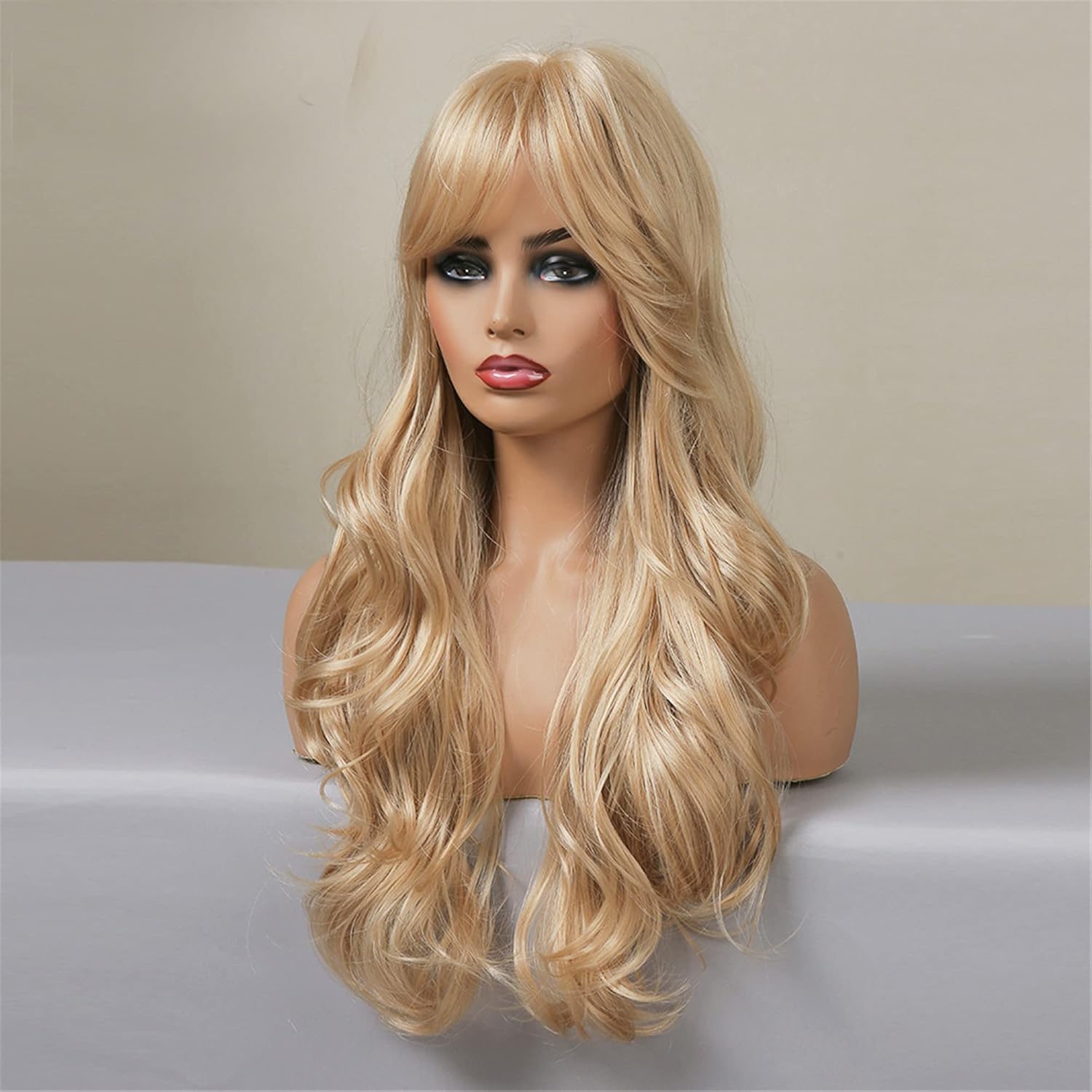 BERON Peluca rubia larga y rizada, peluca rubia dorada con flequillo, peluca larga rubia para mujer, peluca sintética rubia dorada para fiesta