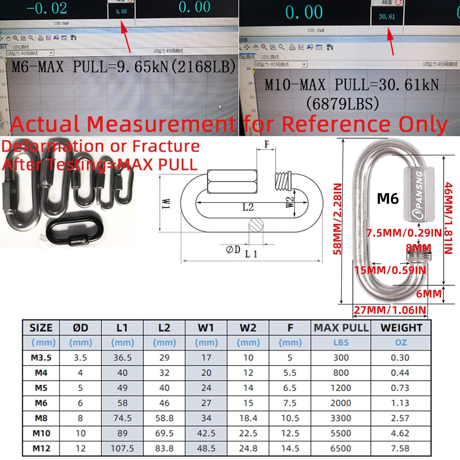 10 cadenas de acero inoxidable 14, eslabones rápidos M6, tornillo ovalado, mosquetón de bloqueo de 2000 libras, conector de enlace de cuerda para