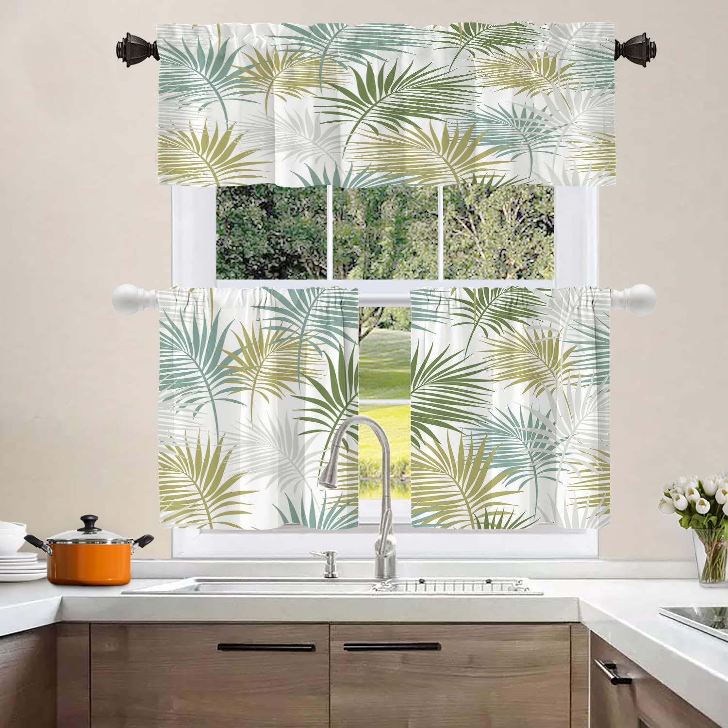 Shrahala Cenefas de cocina con hojas de naturaleza blanca, cortinas verdes para ventana de media ventana, tratamiento de ventana de poliéster