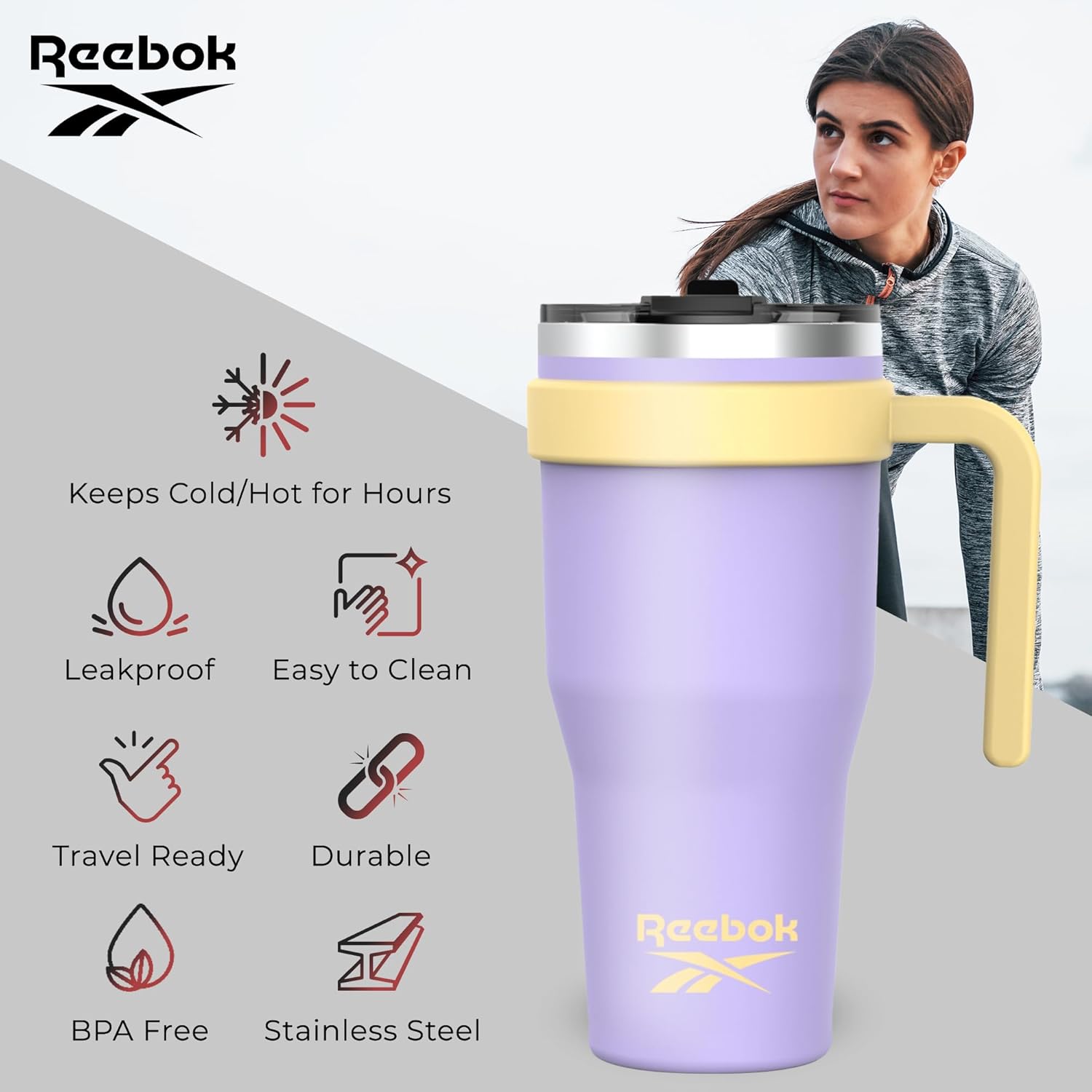 Reebok Vaso de acero inoxidable con asa, vaso de 40 onzas, dos tonos, doble pared aislado al vacío, vaso a prueba de fugas para hombres y mujeres