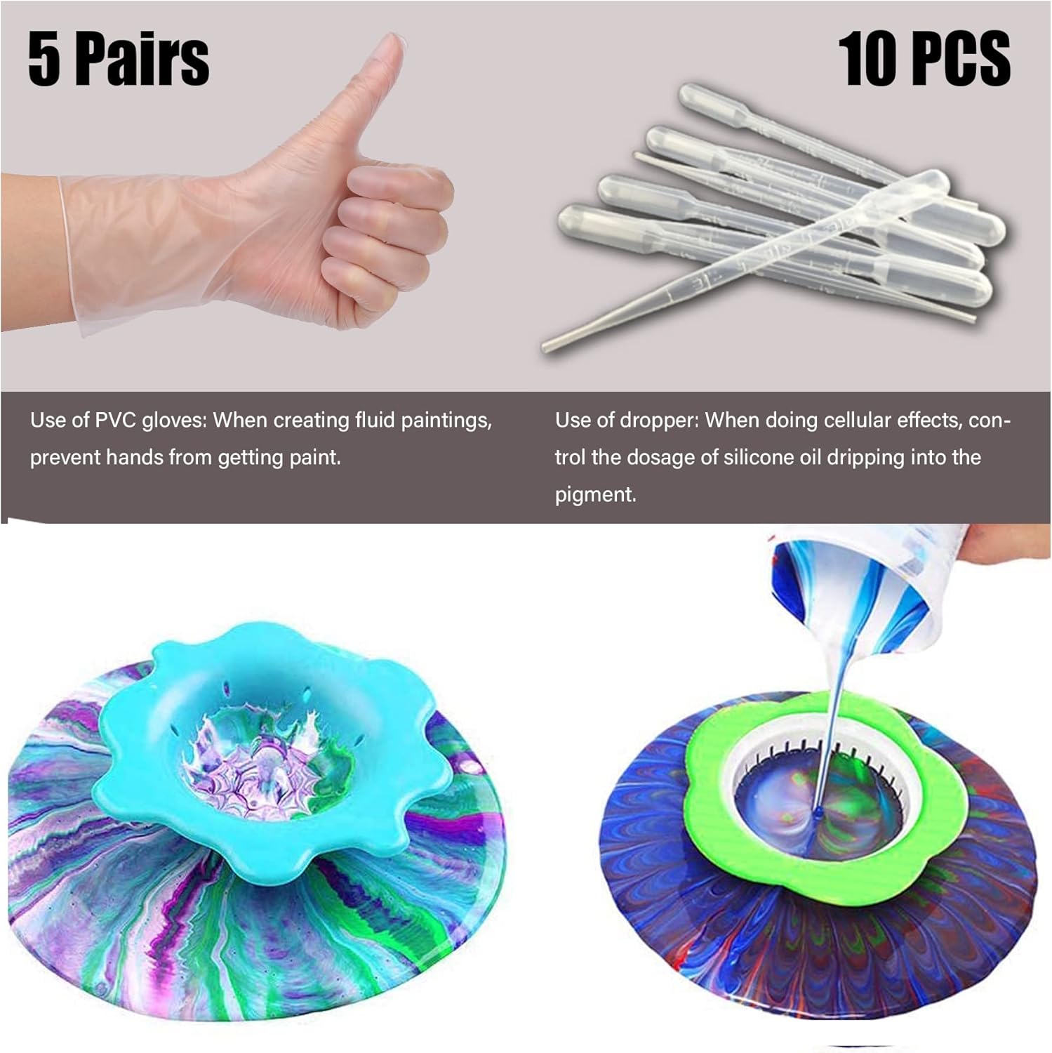Allazone – Juego de 50 coladores acrílicos para verter incluye cepillo de plástico de silicona, cuchillo de dibujo, globo, pajitas, guantes para